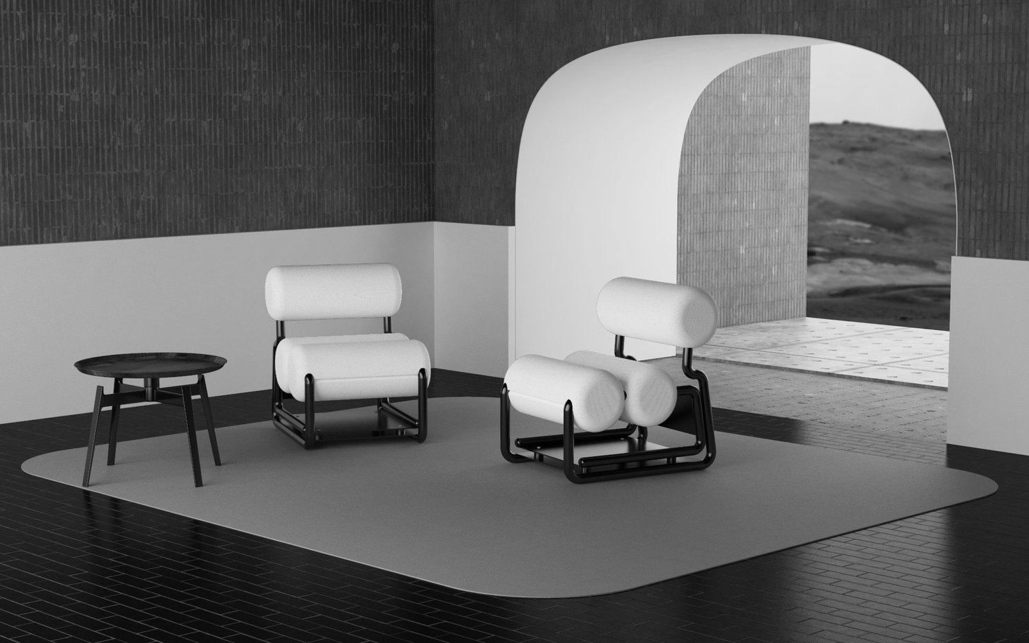 Two upholstered lounge chairs in an architectural interior
