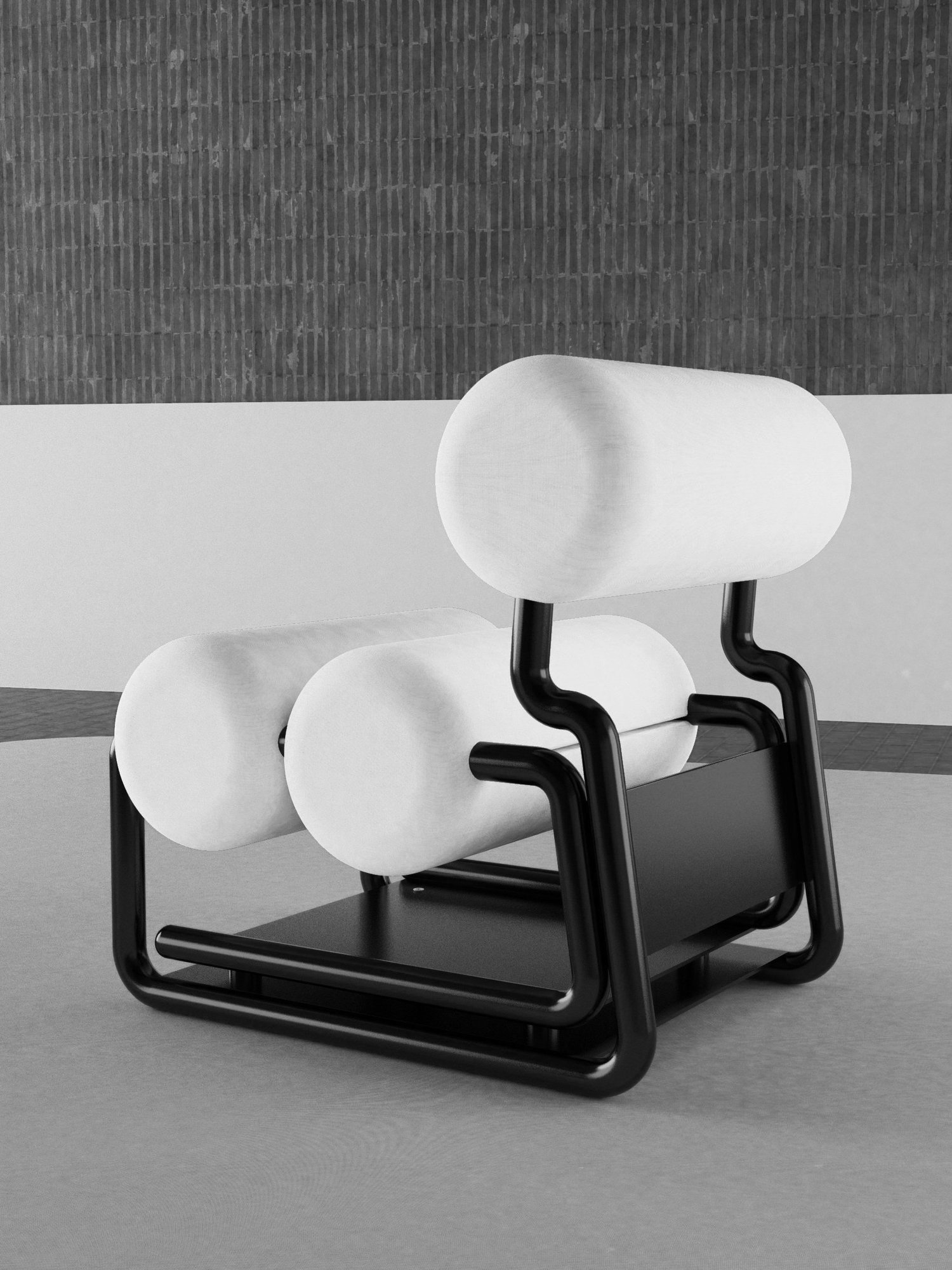 Rear view of a lounge chair with a dark tubular frame